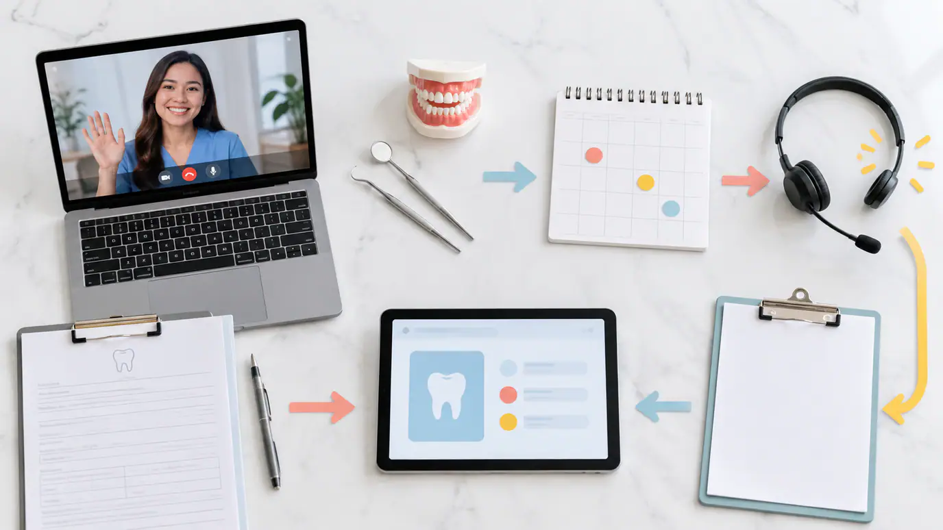Dental automation workflow map showing intake, appointment reminders, recall outreach, staff review, and practice-management system updates