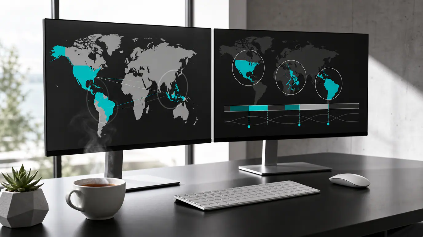 World map comparing monthly AI talent costs in the United States, the Philippines and Latin America with overlapping US work hours
