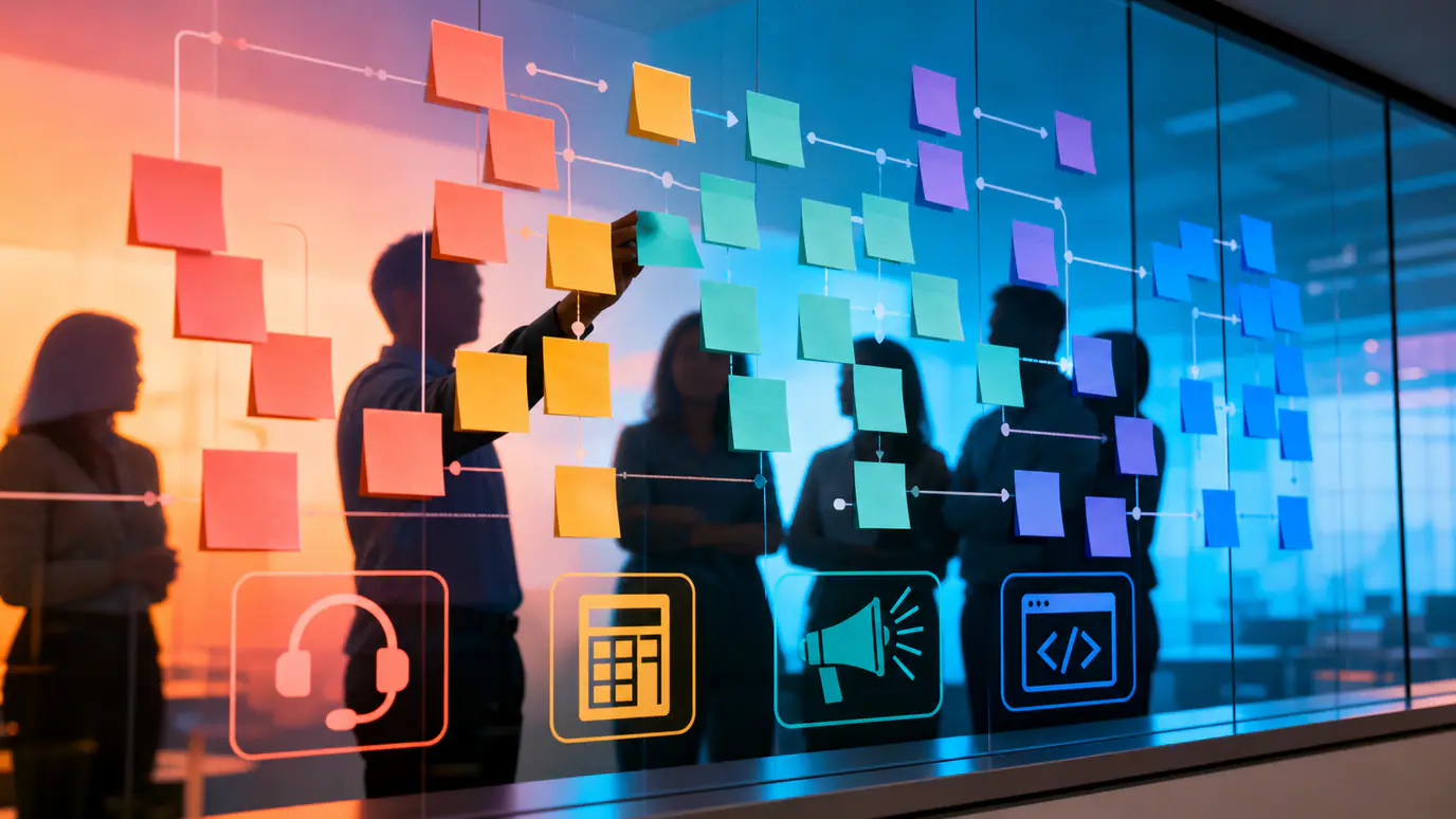 Workflow diagram showing AI preparing customer support, bookkeeping, marketing, and software outputs for offshore employee review