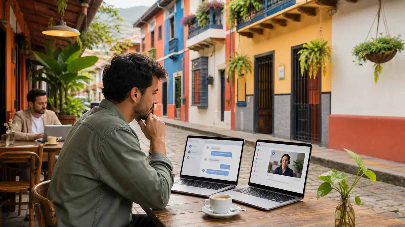 Small-business owner comparing an AI customer service agent with a dedicated offshore support representative