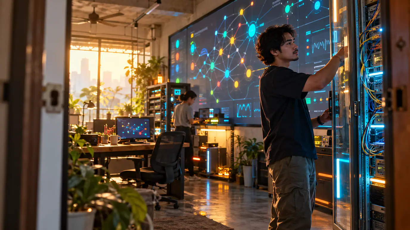 Developer reviewing an agent workflow, API connections and failure-monitoring dashboard