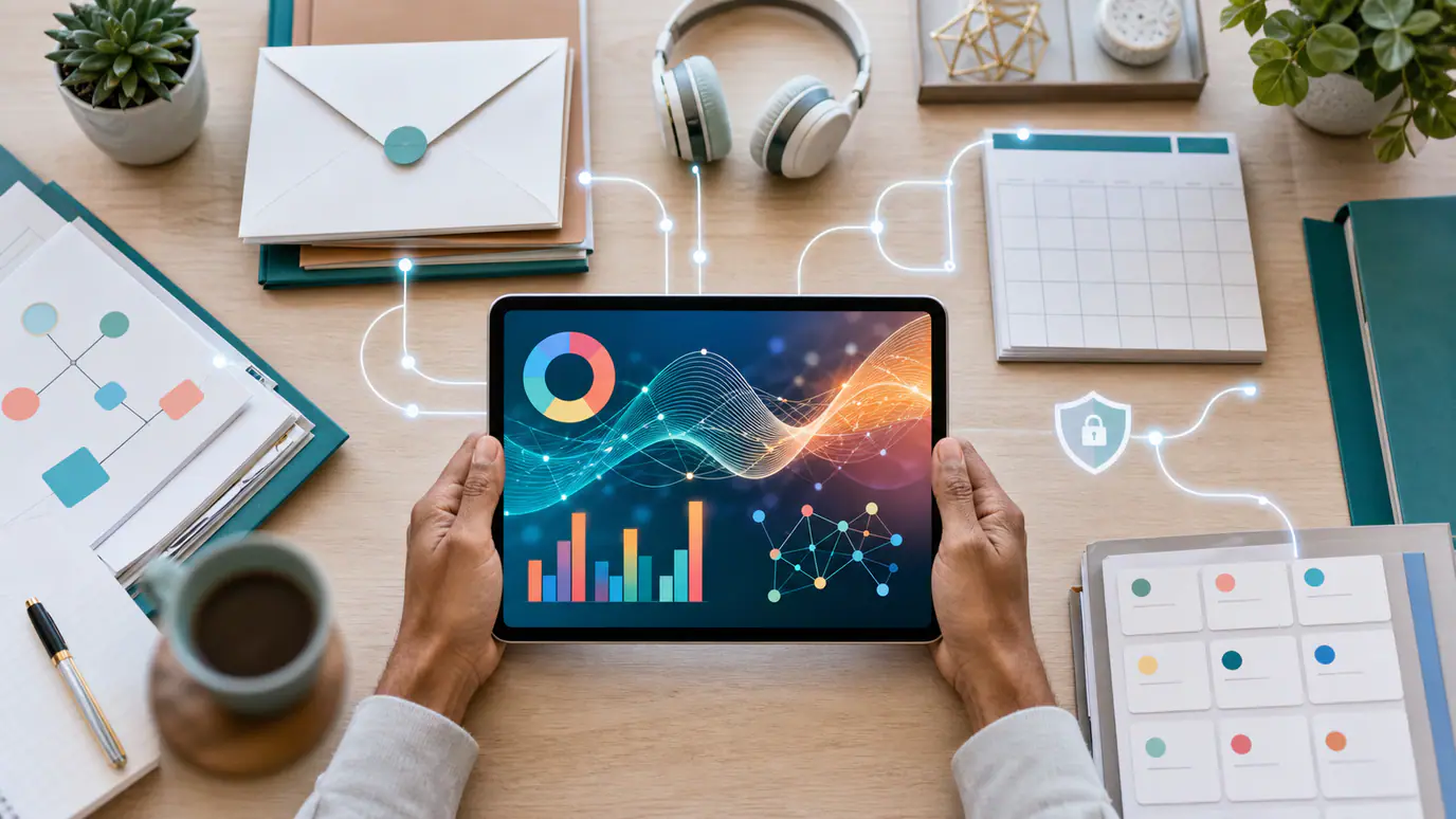 Diagram of a secure virtual assistant AI stack connecting business documents, email, calendar, meetings, CRM, project management, and workflow automation