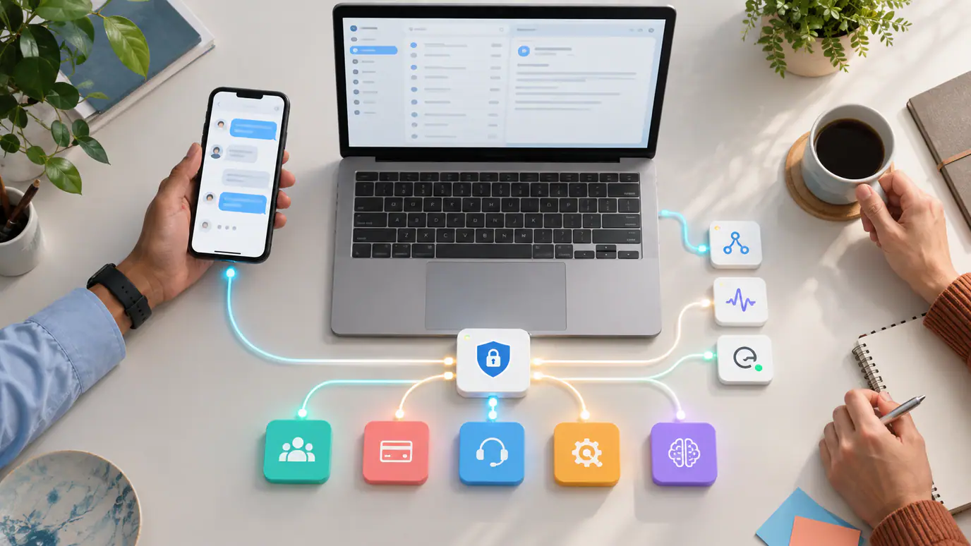 Architecture diagram showing a SaaS product connected securely to CRM, billing, support, automation, and AI services through monitored APIs and webhooks