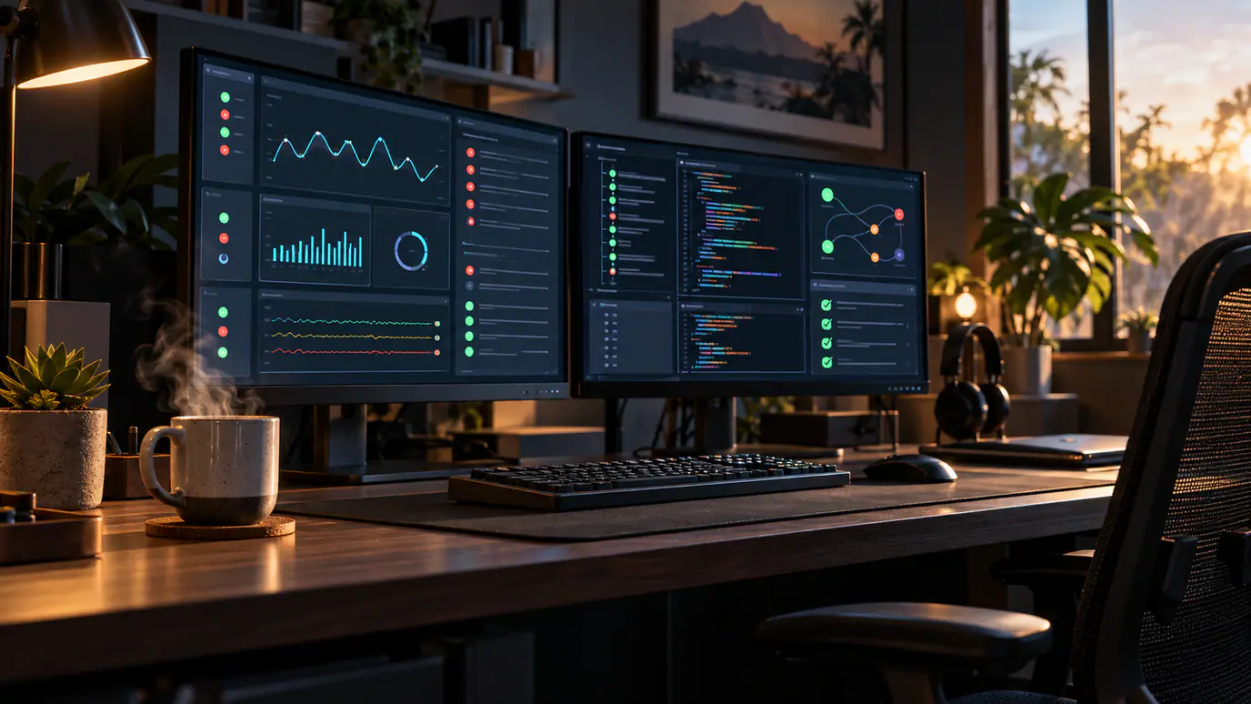 Remote Philippine developer and US SaaS product team reviewing API reliability dashboards, webhook alerts, automated tests, and documentation