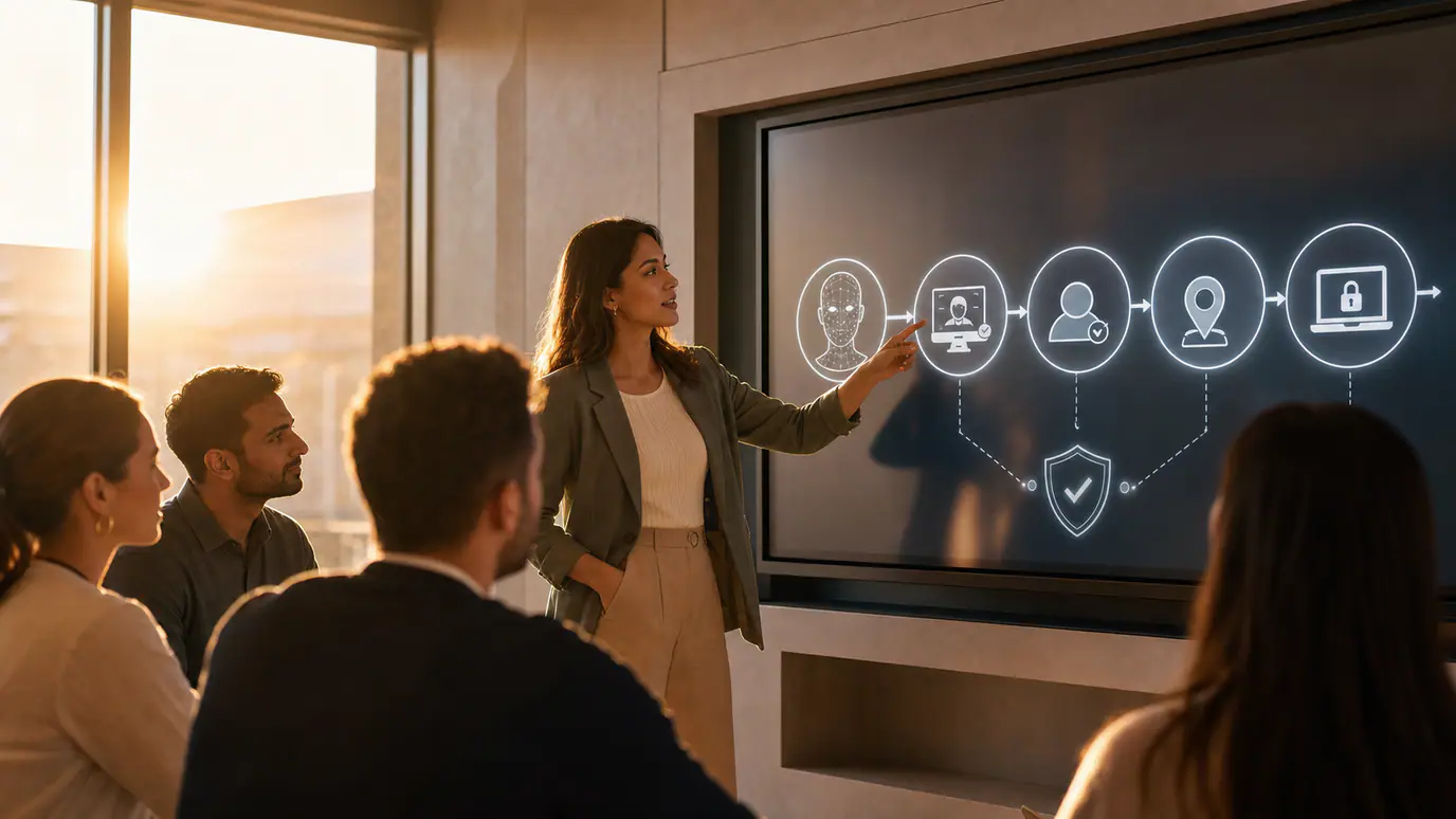 Remote hiring fraud prevention workflow linking live identity verification, interview, payroll identity, work location and managed laptop
