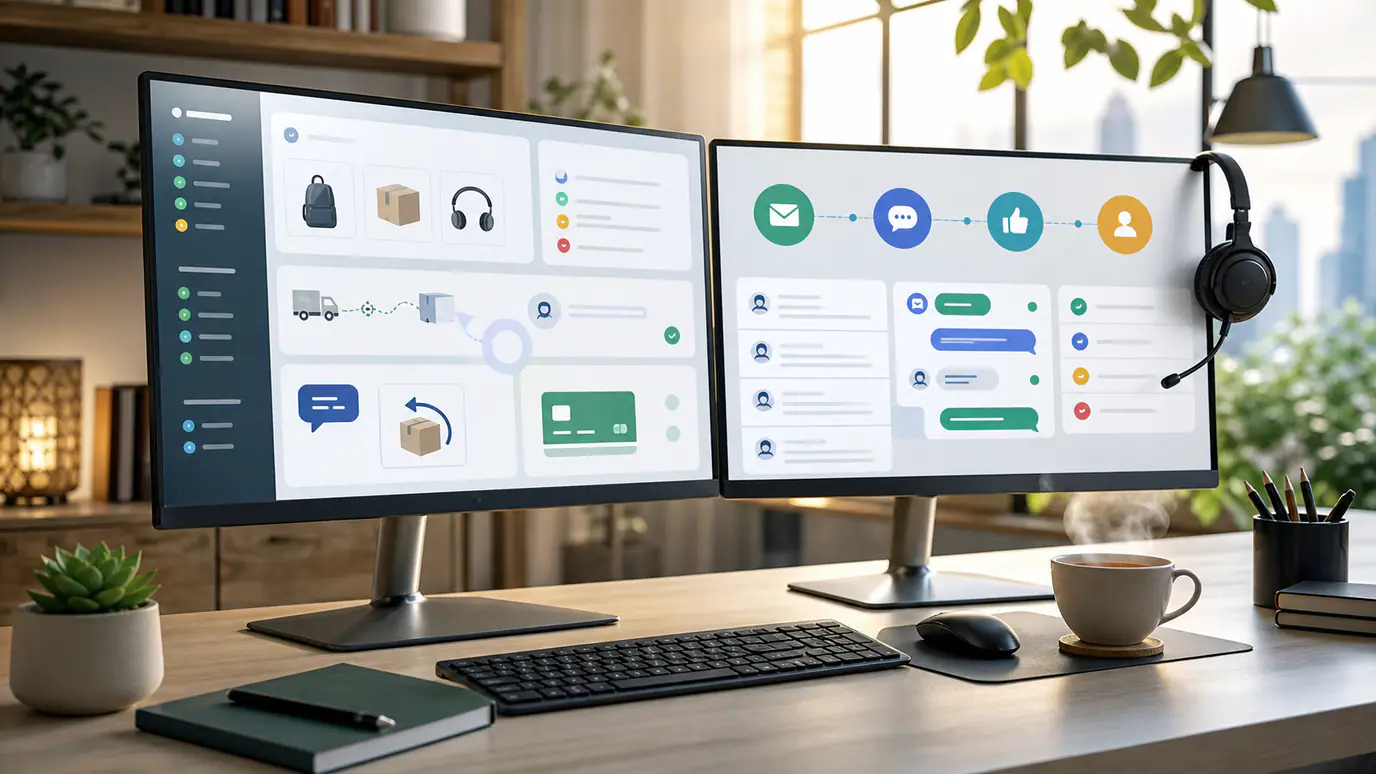 Shopify customer service workflow showing product questions, order tracking, returns, refunds, and human escalation across email, chat, and social channels