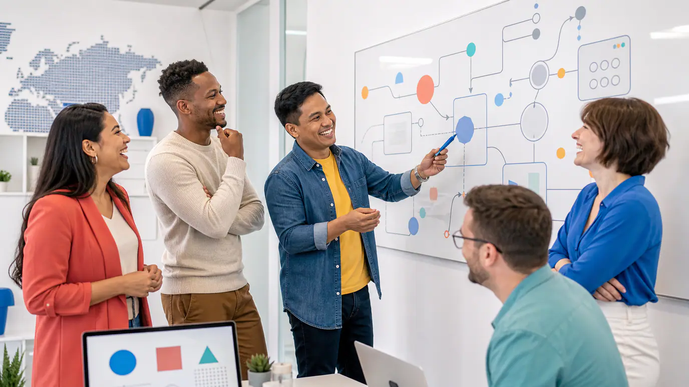 AI automation specialist mapping a workflow connecting OpenAI, Zapier, n8n, a CRM, invoicing software, and a human approval queue