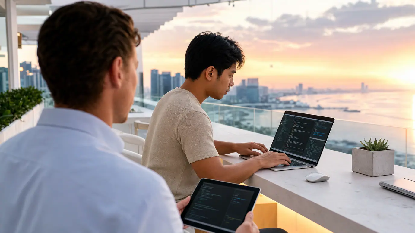 Hiring manager scoring a remote AI-first developer during a live debugging exercise and paid trial project