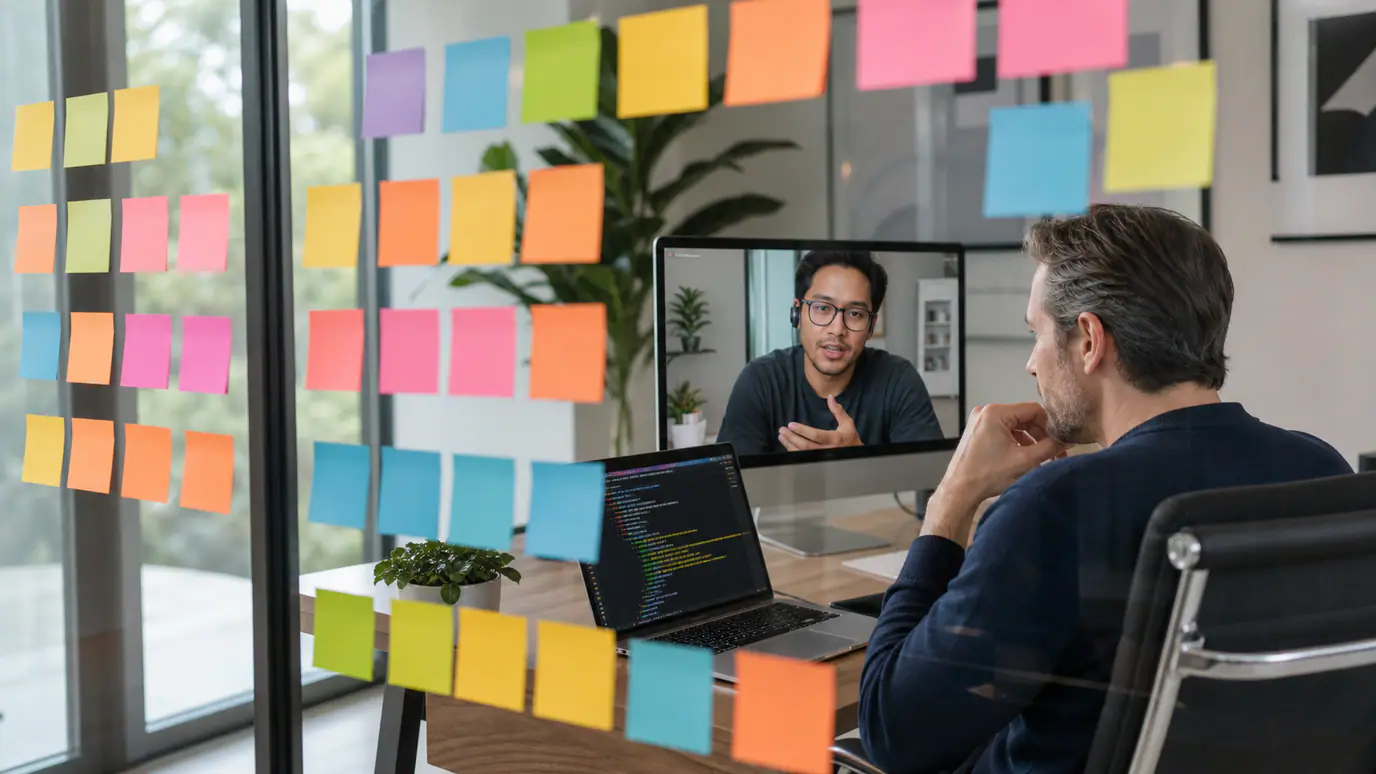 Business owner reviewing code with a remote Cursor AI developer