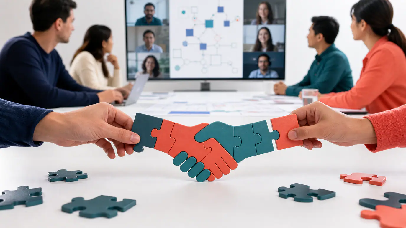Distributed US and Philippine software engineers collaborating on architecture diagrams during a video meeting