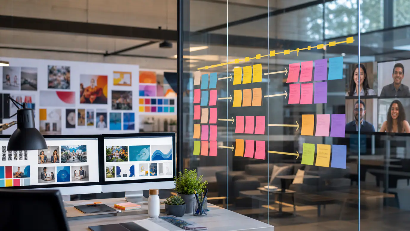Remote graphic designer workspace showing branded social media assets, a presentation, advertising concepts, and organized design files