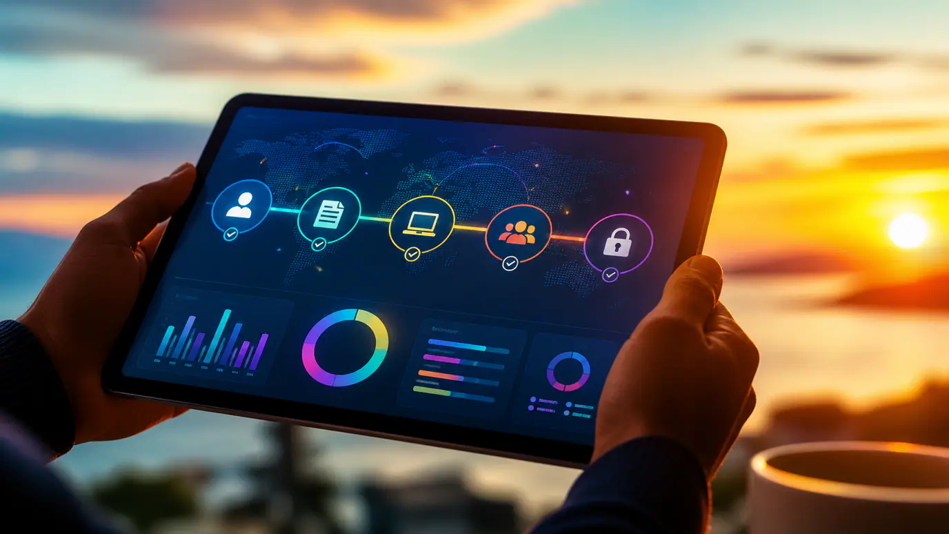 Secure overseas payroll and onboarding workflow with identity verification, local contract, managed device, payroll approval, and access controls