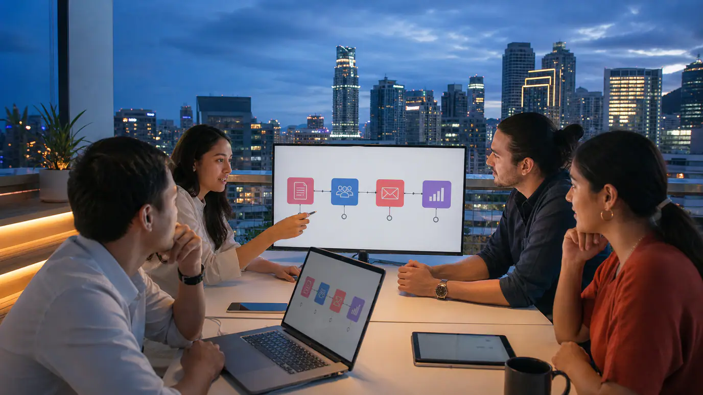 Marketing agency team reviewing a Make.com workflow connecting lead forms, CRM records, email campaigns, and reporting dashboards