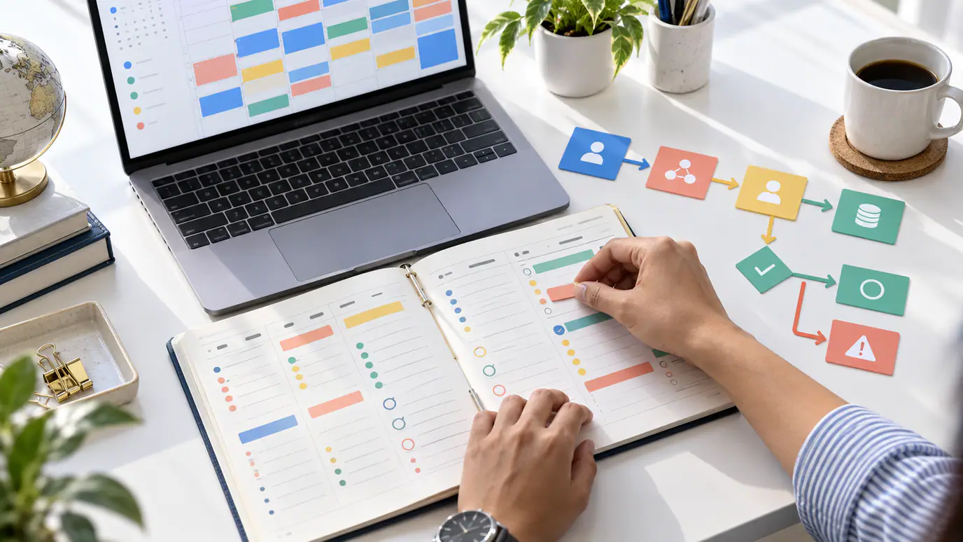 Make.com workflow connecting an enquiry form, OpenAI processing, human approval and a CRM, with validation and error routes