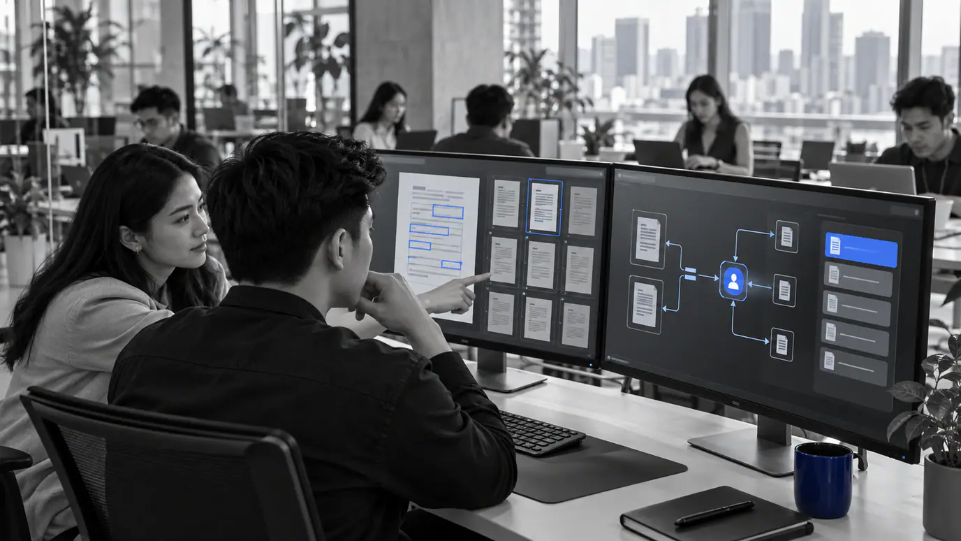 Philippine automation developer reviewing an insurance document extraction workflow with human approval and exception queues