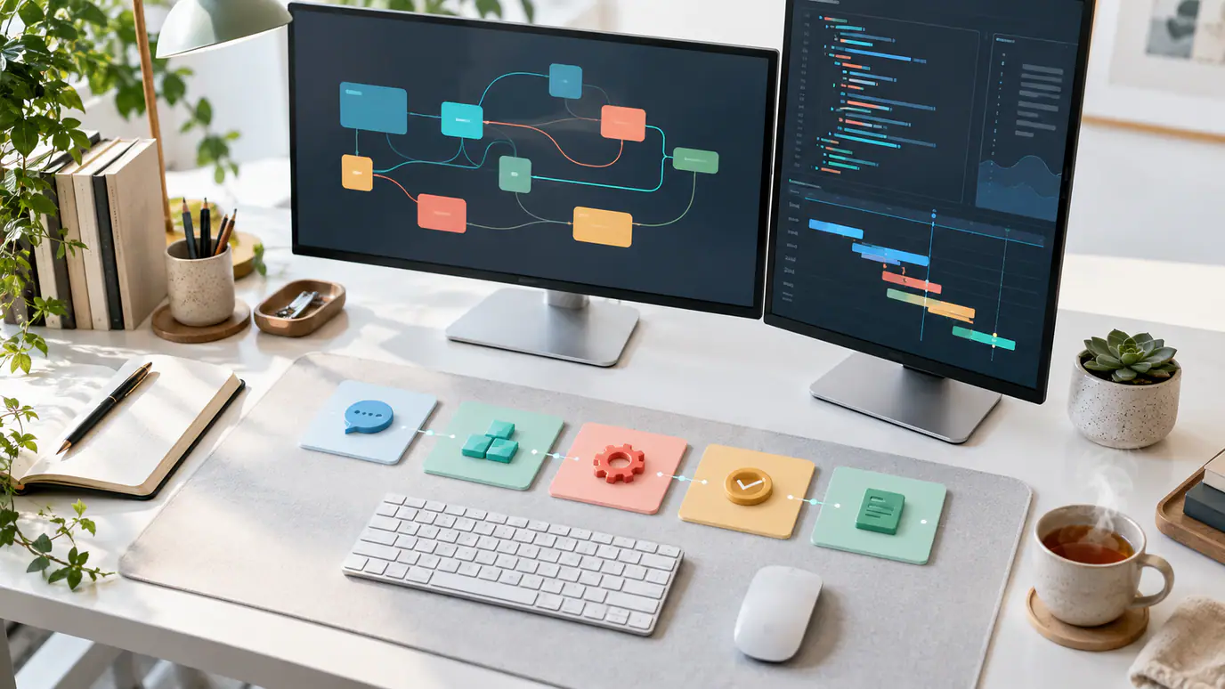 Three-hour AI developer assessment timeline showing clarification, implementation, testing, documentation, and handoff stages