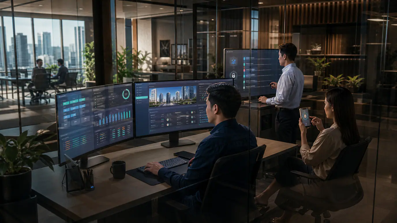 Secure remote property management workspace with AppFolio-style dashboard, password manager, multifactor authentication, and audit controls
