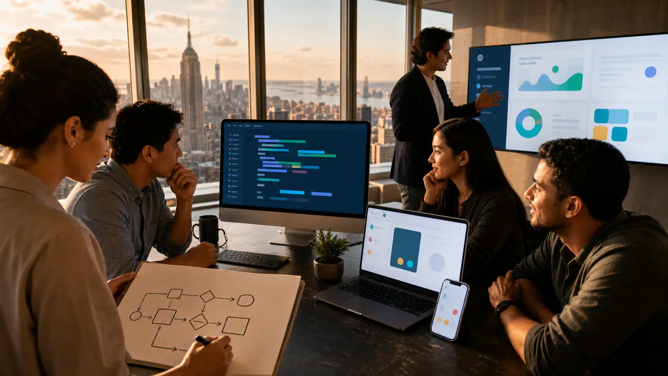 Four-step vibe-coding workflow showing a business requirement becoming generated code, a tested prototype, and a refined application